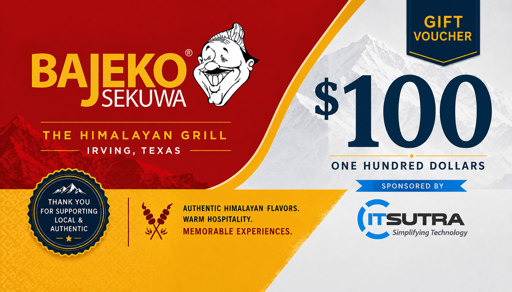 $100 Bajeko Sekuwa Gift Voucher — the public raffle prize
